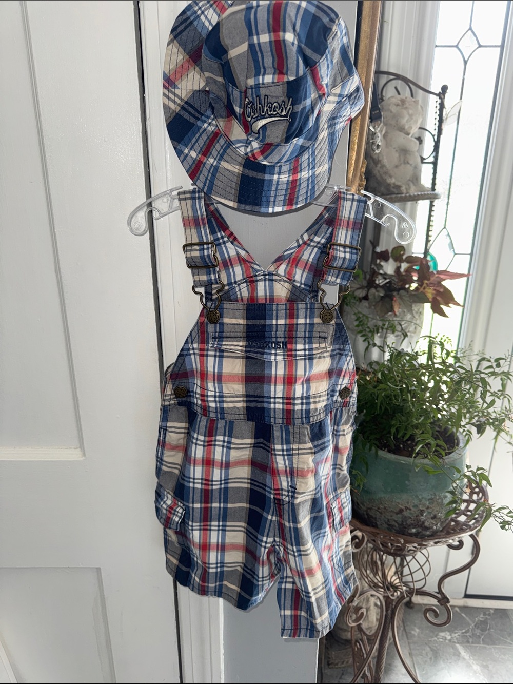 OshKosh B'gosh Boys Plaid Overalls and matching Hat Set in Blue, Red, and White